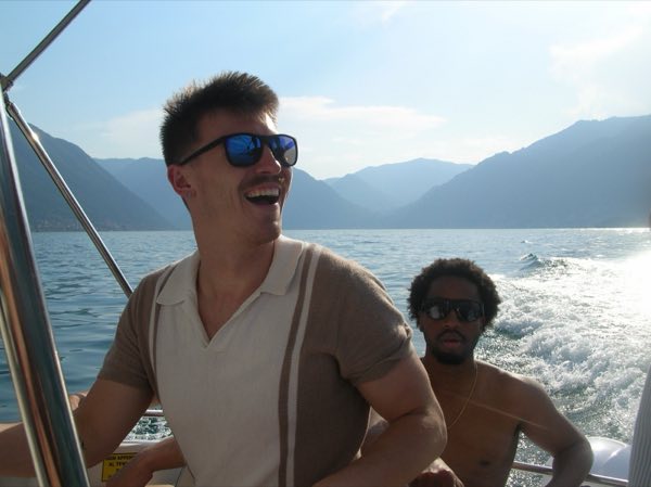 Laughing at the wheel